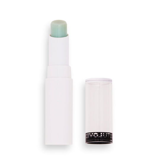 Lip balm with a white container and green cap on a white background