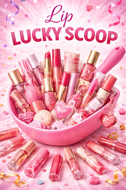 Pink lip products with 'Lip Lucky Scoop' text on a pink background