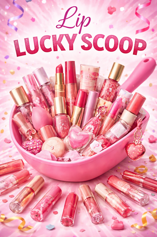 Pink lip products with 'Lip Lucky Scoop' text on a pink background