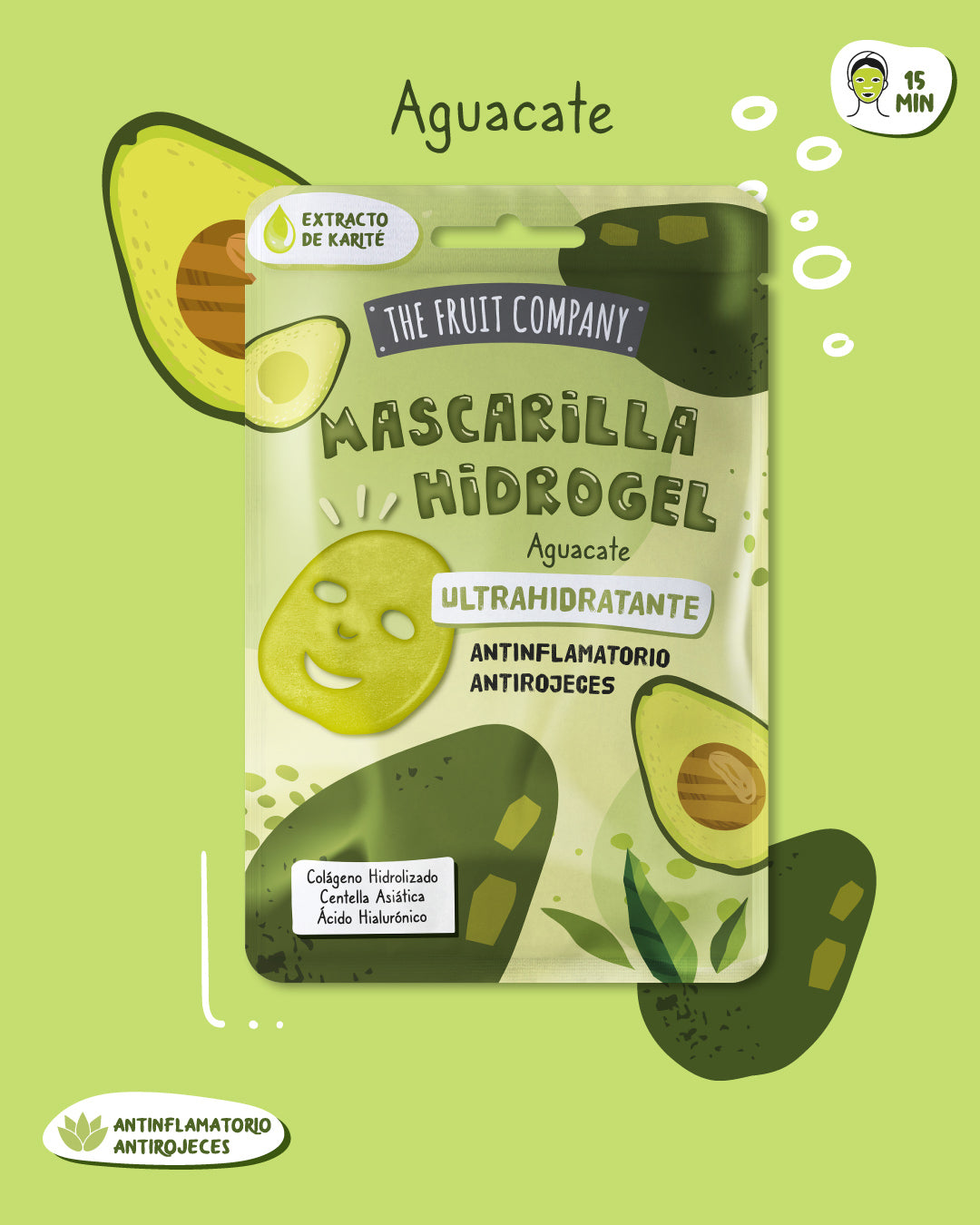 Avocado-themed hydrogel mask packaging with avocado illustration on a green background
