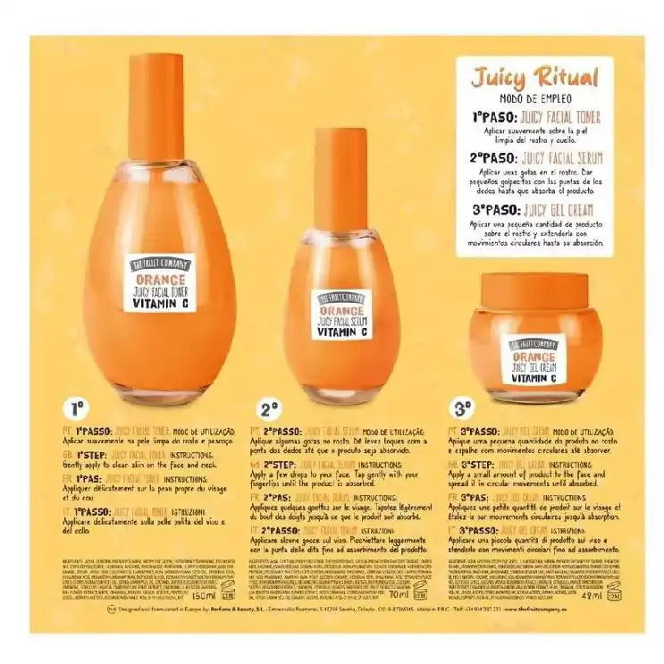 Orange-themed skincare product set with bottles and a jar on a yellow background