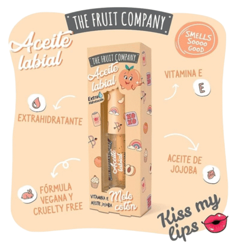 Product packaging for 'The Fruit Company' lip balm with text and graphics on a beige background