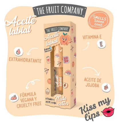 Product packaging for 'The Fruit Company' lip balm with text and graphics on a beige background
