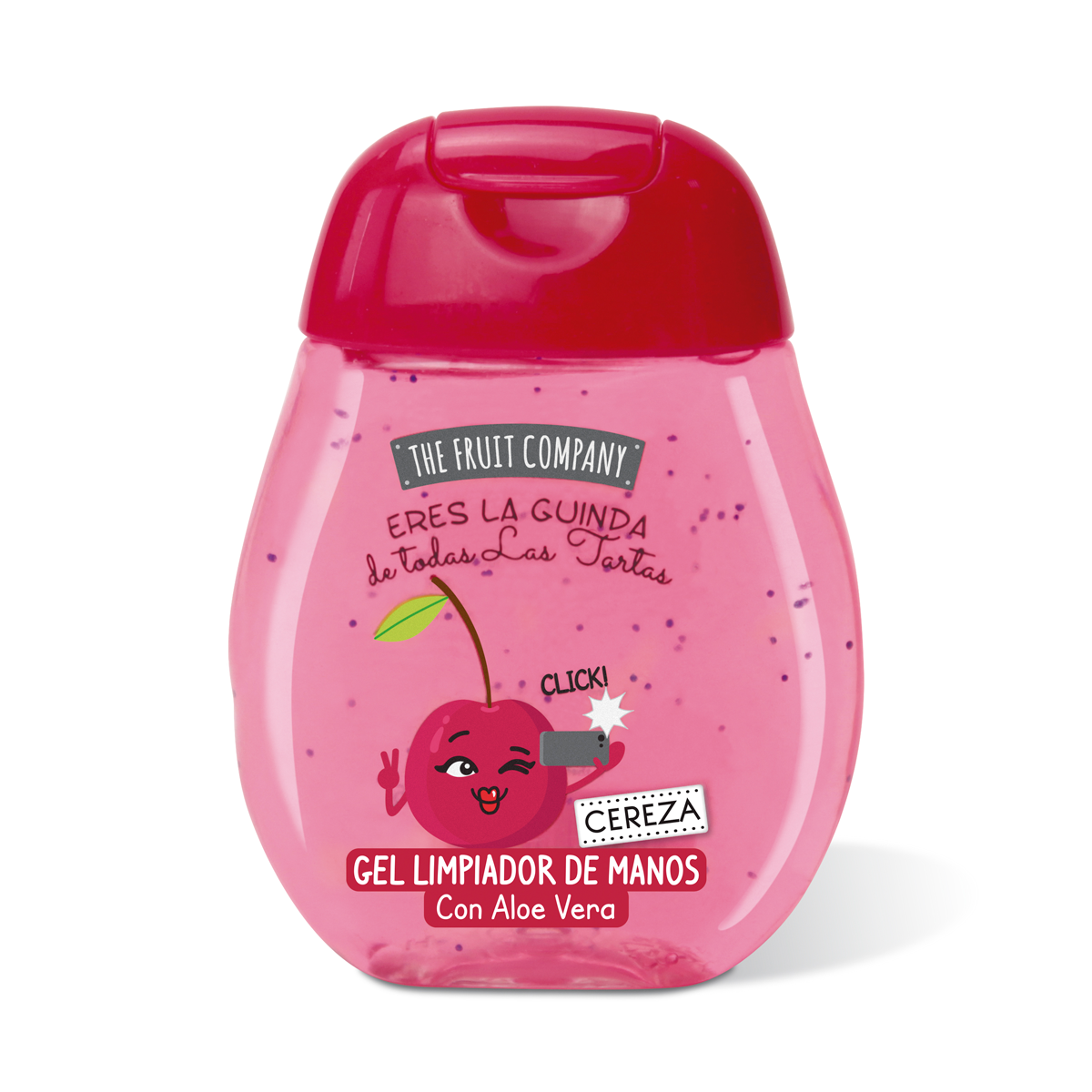 Pink hand sanitizer bottle with cherry design and text on a white background