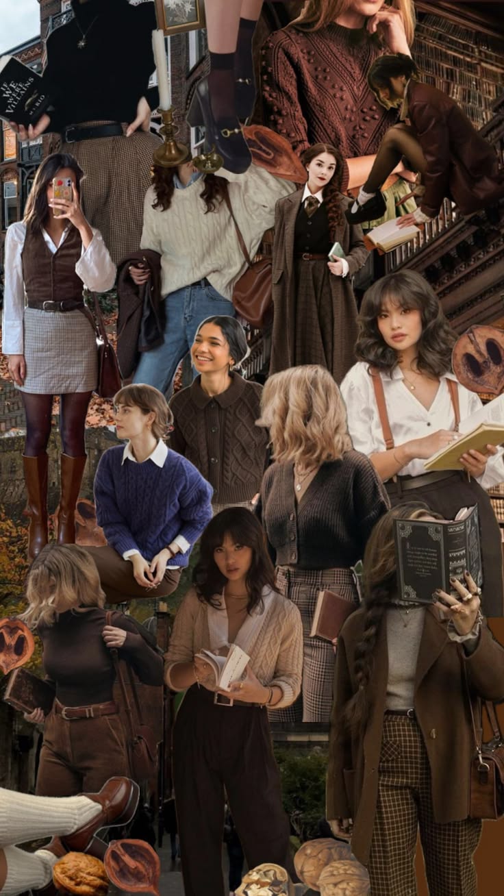 A collage-style promotional image featuring multiple women in coordinated vintage-inspired outfits, with warm autumn tones and books, clothing racks, and rustic decor in the background.