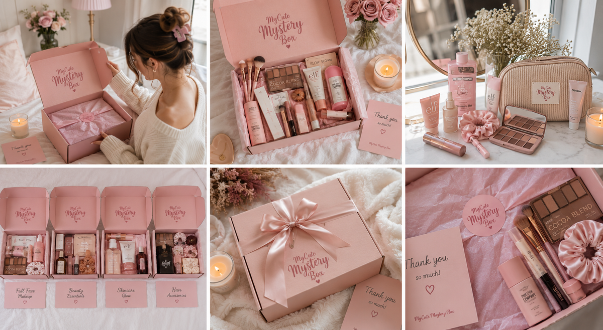 A six-panel collage showcasing a pink 'My Mystery Box' beauty gift set. The panels display the pink cardboard box with a satin bow, open to reveal various makeup items, skincare products, and accessories, alongside a woman opening the box and close-up views of the contents.