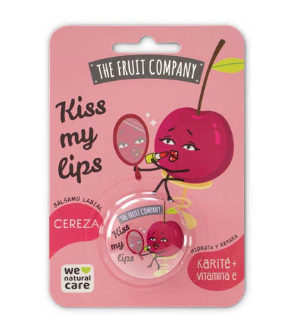 Lip balm packaging with cherry design and 'The Fruit Company' branding on a pink background.