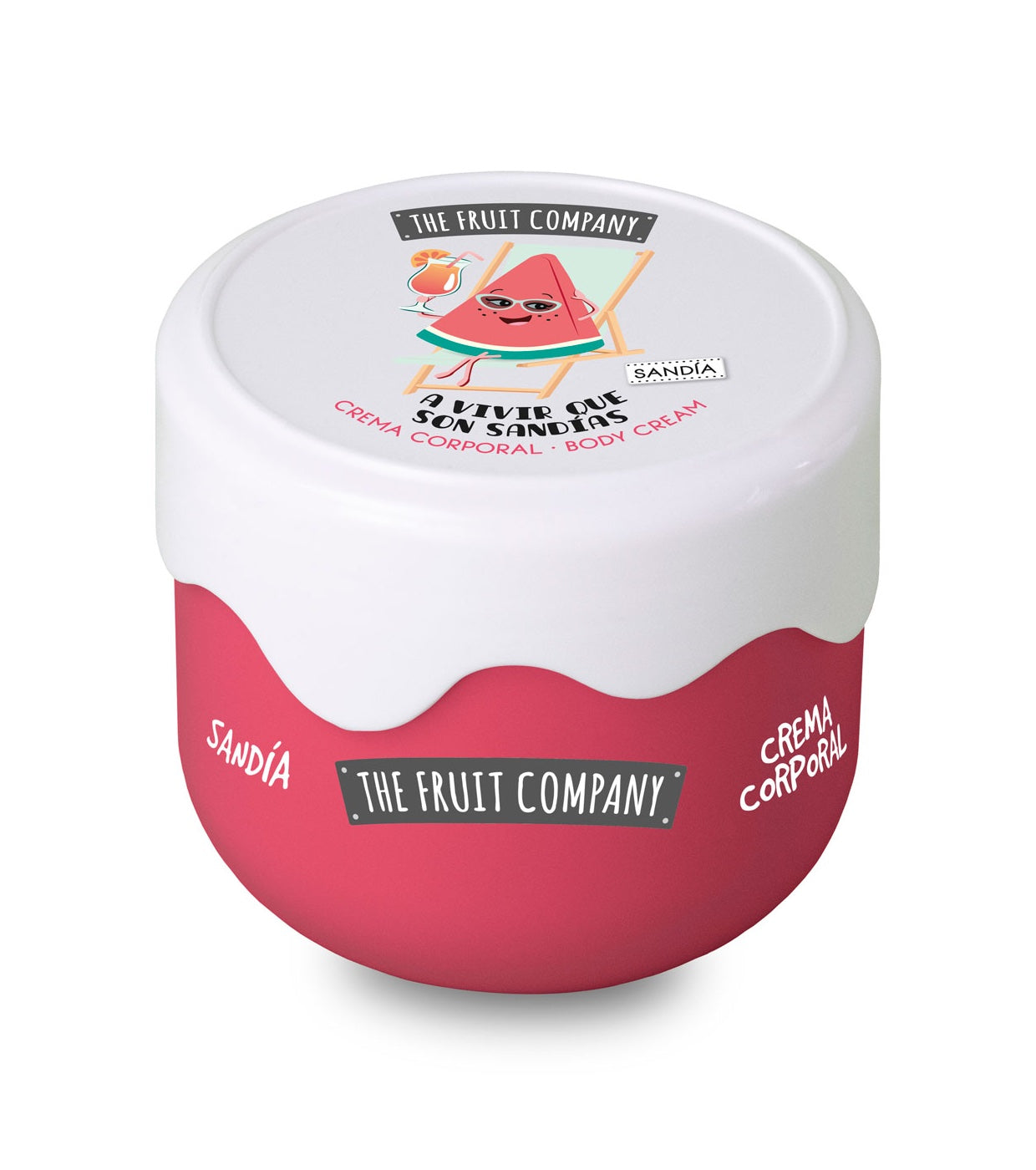 Jar of 'The Fruit Company' sandia body cream on a white background