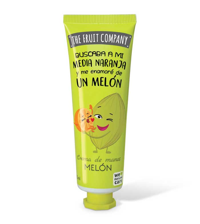 Green tube of hand cream with a cartoon melon character on a white background
