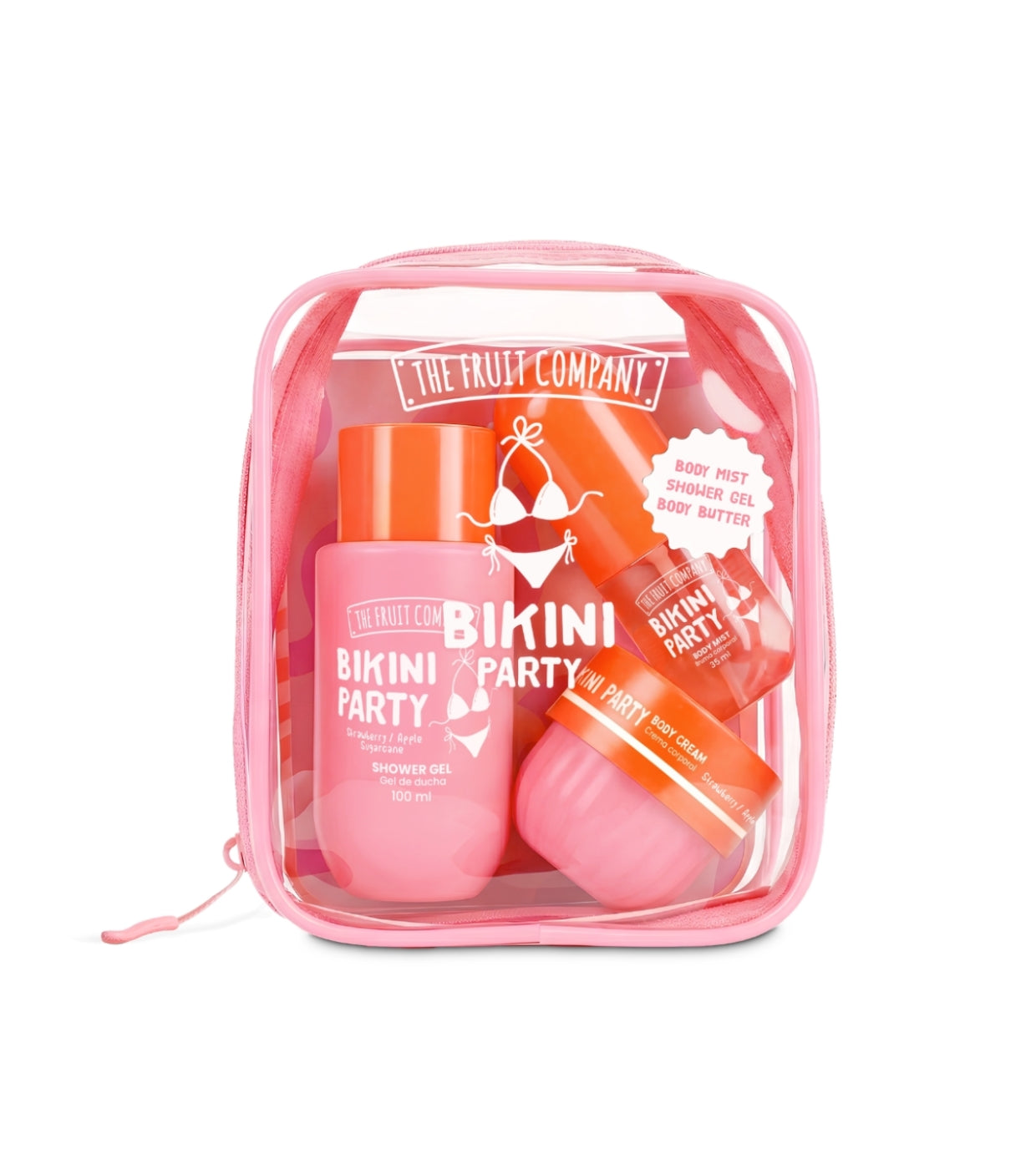 A clear zippered cosmetic bag filled with pink and orange tropical-themed body care products from The Fruit Company, including a shower gel, body wash, and lip balm, labeled 'Bikini Party'.