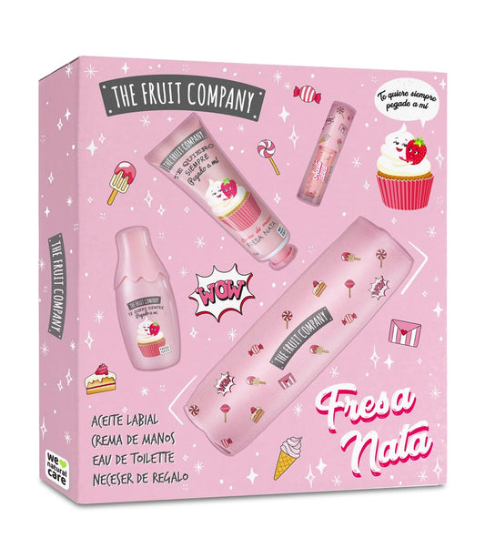 Pink gift set packaging from The Fruit Company with various products on a white background