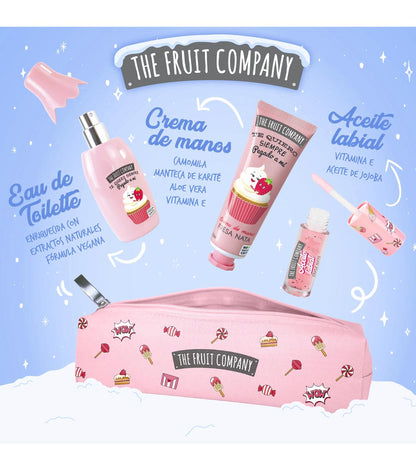 Pink cosmetic bag with 'The Fruit Company' branding on a light blue background