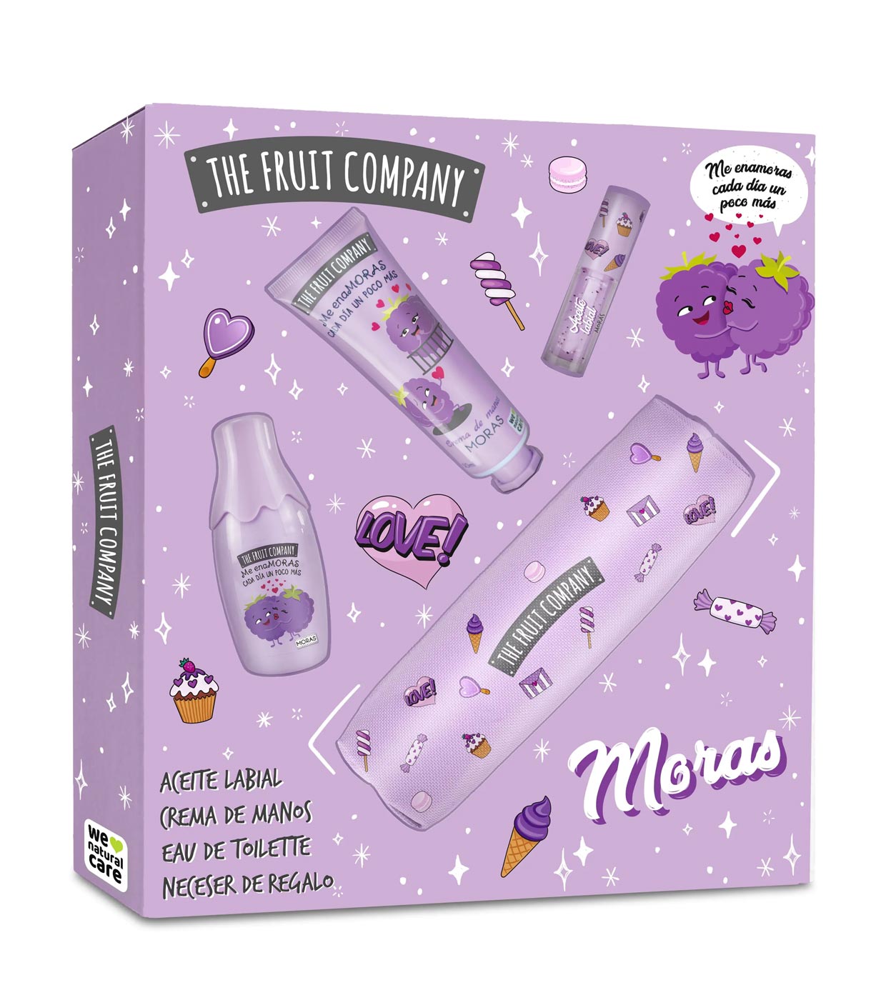 Purple gift set packaging from The Fruit Company with product illustrations on a white background
