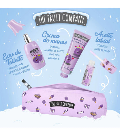 Cosmetic set from The Fruit Company with various products on a light blue background