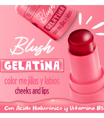 Pink gelatin blush stick with branding and product details on a pink background