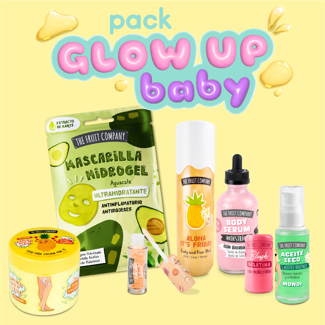 Packaging of skincare products with 'Glow Up Baby' text on a yellow background