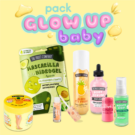 Packaging of skincare products with 'Glow Up Baby' text on a yellow background