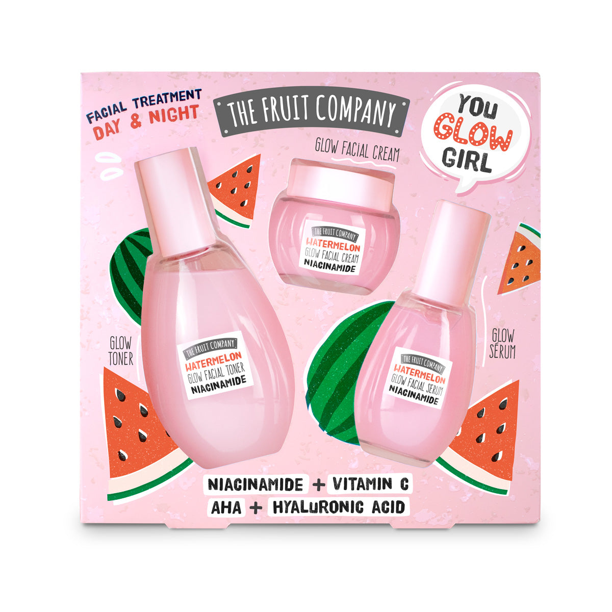 The Fruit Company facial treatment set with watermelon-themed packaging on a pink background