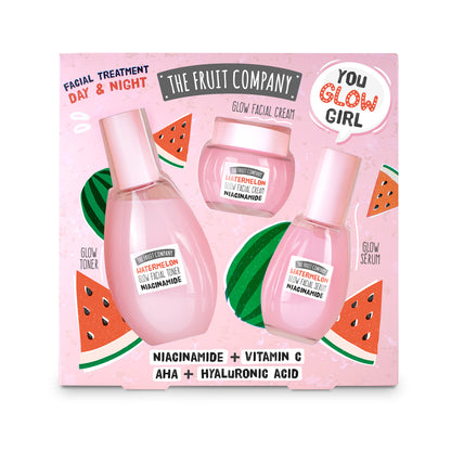 The Fruit Company facial treatment set with watermelon-themed packaging on a pink background