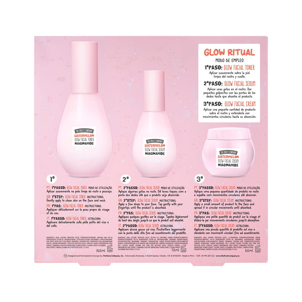 Three skincare bottles on a pink background with text and branding.
