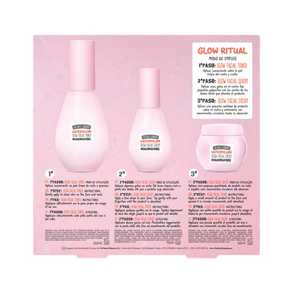 Three skincare bottles on a pink background with text and branding.